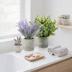ALAGIRLS 4 Packs Fake Plants Small Artificial Plants for Shelf Lavender Flowers Eucalyptus Succulents Plants Potted Faux Plants for Home Indoor Office Bathroom Living Room Decor