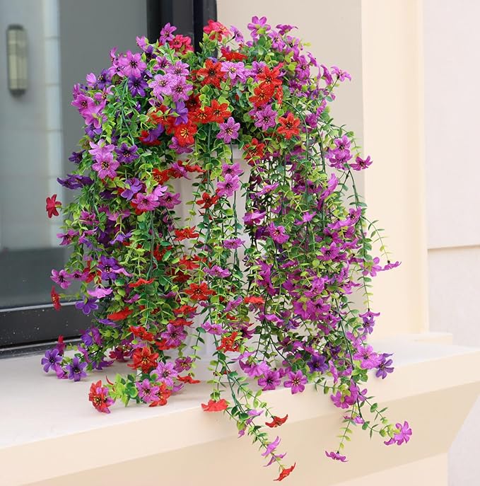 Artificial Hanging Flowers for Outdoors, 4 Pack Fake Hanging Plant for Spring Summer Decor, UV Resistant Faux Silk Flower for Planter Porch Patio Balcony Yard Decoration ( Light Purple & Rose Red)
