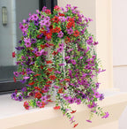 Artificial Hanging Flowers for Outdoors, 4 Pack Fake Hanging Plant for Spring Summer Decor, UV Resistant Faux Silk Flower for Planter Porch Patio Balcony Yard Decoration ( Light Purple & Rose Red)