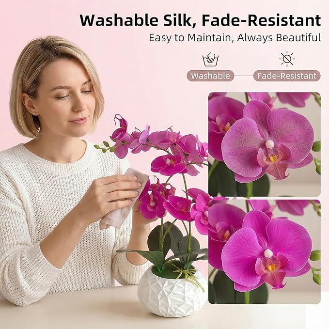 Artificial Orchid with 3D Printed Vase, 24 Stems Realistic Fake Phalaenopsis, Adjustable Silk Flowers for Home Decor, Wedding Table Centerpieces, 20 Inches Tall, Dark Purple