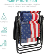 Best Choice Products 30” Wide Folding Zero Gravity Outdoor Recliner Patio Lounge Chair w/Adjustable Canopy Shade, Headrest, Side Accessory Tray - American Flag