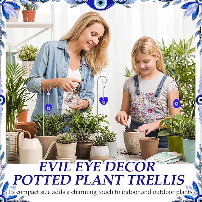 6 Pack Plant Trellis for Potted Plants with Evil Eye Glass Suncatcher 11.81 inch Metal Plant Stake for Indoor Outdoor Garden Suncatchers Decorations