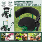 Goplus Garden Seat with Wheels, Rolling Gardening Stool with Adjustable 360° Swivel Seat, Tool Tray & Storage Basket, Extendable Handle, Outdoor Gardening Scooter, Garden Cart Workseat for Seniors