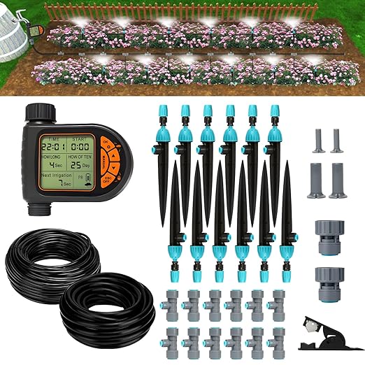 Breeze Touch 120FT Drip Irrigation System with Timer, Automatic Irrigation System for Garden, Quick Connect Drip Irrigation Kit for 120ft Coverage, Adjustable Watering System for Raised Beds & Patio