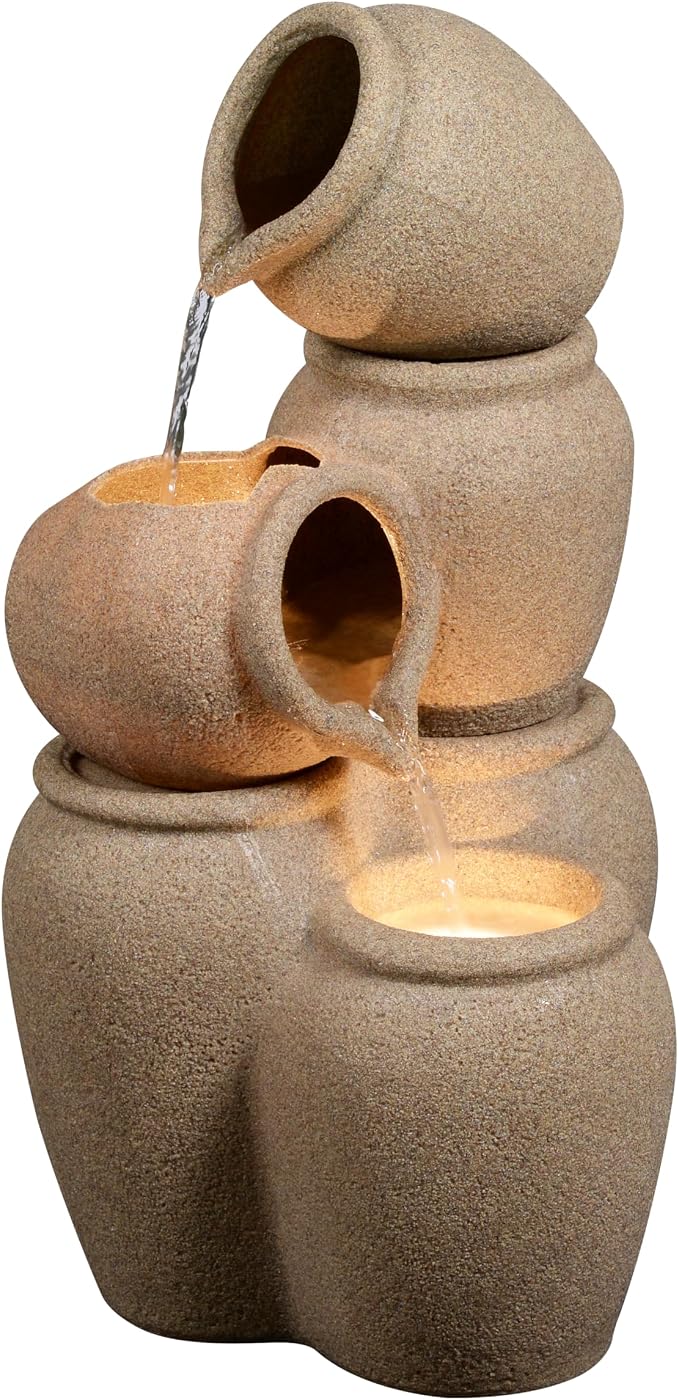29.53” H 3-Tiers Cascading Jars Outdoor Water Fountain Made with Eco-Friendly Recyclable Materials, Polyethylene Waterfall Fountain, Outdoor Decor with LED Lights for Patio, Backyard