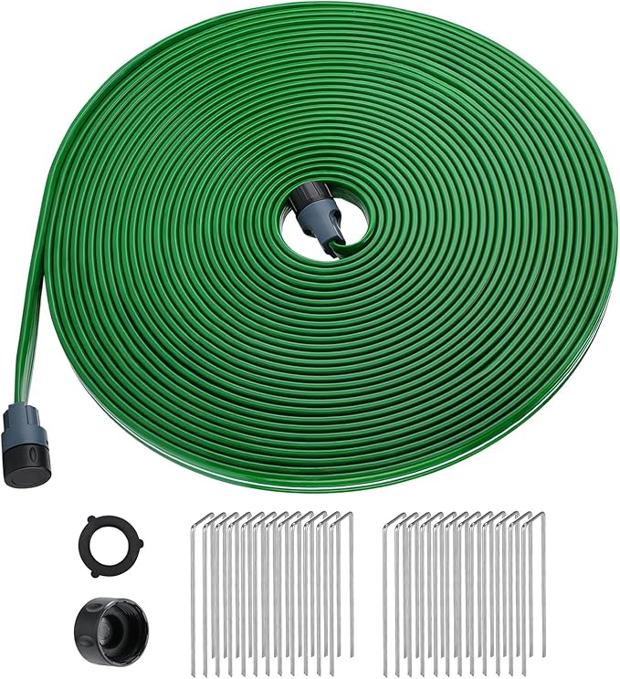 75ft Sprinkler Soaker Hose - Kink-free, Save Water, Flexible - Heavy Duty Three Tube Flat Watering Hose for Garden Yard Lawn Irrigation, With 25 Stakes