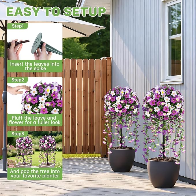 Grooy Artificial Plants Flowers Topiary Ball for Outdoor, 2 Pack Fake Purple Silk Morning Glory Plant Bushes, UV Resistant Realistic Plants Shurbs for Outside,Front Porch,Patio,Yard