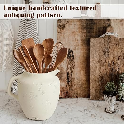 Potchen Rustic Kitchen Utensil Holder with Handle,7.48" H Ceramic Vintage Utensil Crock for Countertop, Farmhouse Kitchen Decoration Ceramic Pot for Spatulas Spoons Tongs(Novelty,Antique Cream)