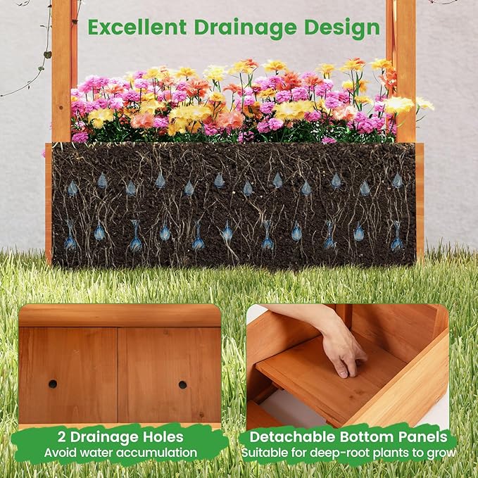 MAT EXPERT Raised Garden Bed with Trellis & Hanging Roof, Lattice Panel with Drainage Hole for Flower, Climbing Plant, Herb, Planter Box for Garden, Patio, Yard (1, 31" L x 14" W x 60" H)