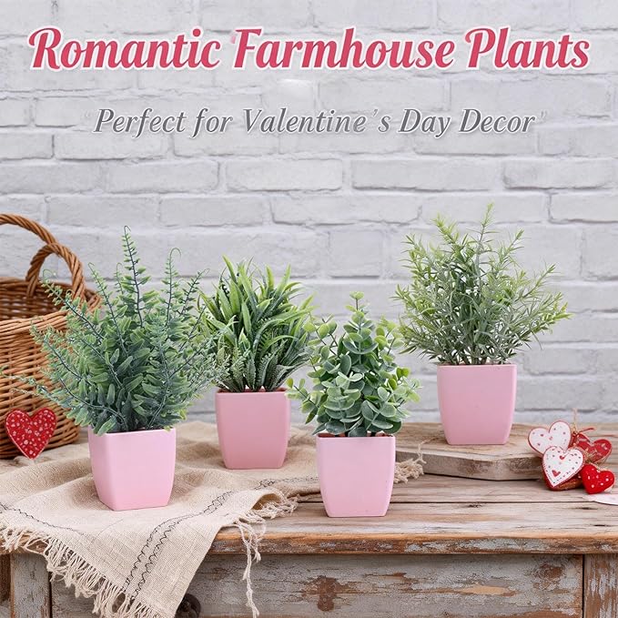 summer flower 4 Pack Small Fake Plants in Pink Pot Artificial Plant Indoor Eucalyptus Wheat Grass Ferns Rosemary Faux Greenery for Room Decor Home Office Desk Bathroom Kitchen Living Room Decorations