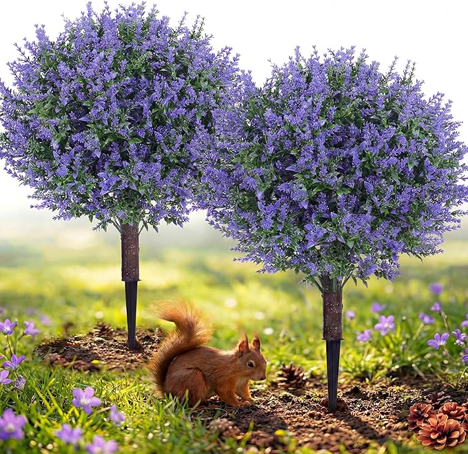 PATIO CHOICE Artificial Topiary Boxwood Ball Trees with Lavender Set of 2 22" Artificial Faux Plants Realistic Bushes Fake Shrubs Decorations for Outdoor Indoor Front Porch Garden
