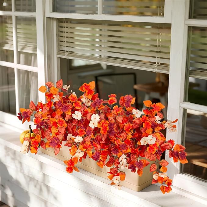 INXUGAO Fake Fall Flowers Artificial for Decoration 2PCS Faux Silk Fall Flowers Plants for Outdoors Outside Planters UV Resistant Looks Real for Front Door Porch Patio Garden Decor