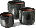 LE TAUCI Ceramic Pots for Plants, 8.3/7/6 Inch Indoor Planters with Drainage Holes & Mesh, Modern Glossy Glaze Cylinder Fluted Plant Pot for Snake Plant, Set of 3, Dark Olive