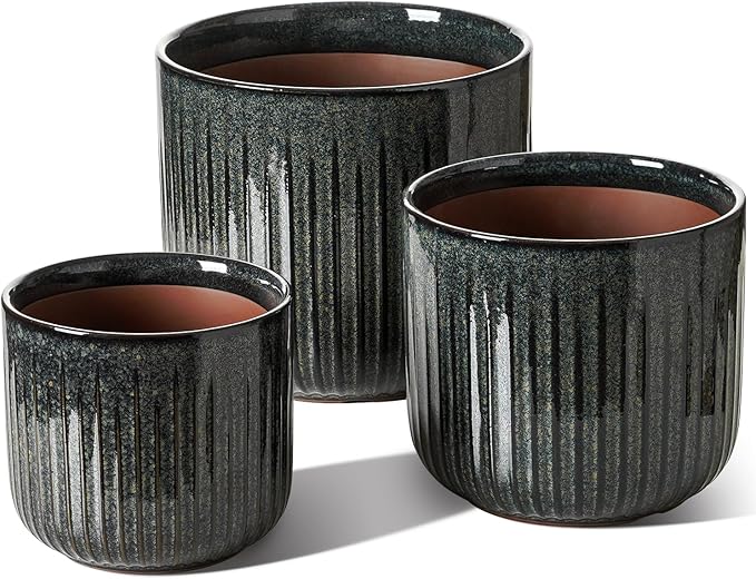 LE TAUCI Ceramic Pots for Plants, 8.3/7/6 Inch Indoor Planters with Drainage Holes & Mesh, Modern Glossy Glaze Cylinder Fluted Plant Pot for Snake Plant, Set of 3, Dark Olive