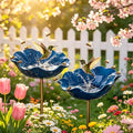 Metal Flower Garden Stakes Bird Bath, Decorative Outdoor Bird Feeder for Garden Yard Art, Handmade Rustproof Metal Flower Stakes for Attracting Birds Backyard Lawn Patio Decorations (Dark Blue)