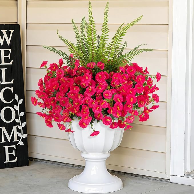 Hrobek Artificial Flowers for Outdoors Faux Plants Outside Indoor,UV Resistant Silk Fake Petunia Ferns for Home Patio Garden Back Yard Front Porch Decor(13 Bunches,Hot Pink)