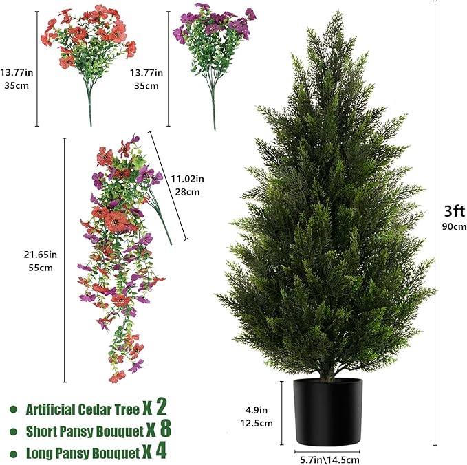 Artificial Topiary Cedar Trees 3FT Tall 2 Set with 12 Bundles Faux Silk Flowers, Outdoor Indoor Faux Pine Shrubs Plants, Fake Bushes Plants for Home Front Porch Door Patio