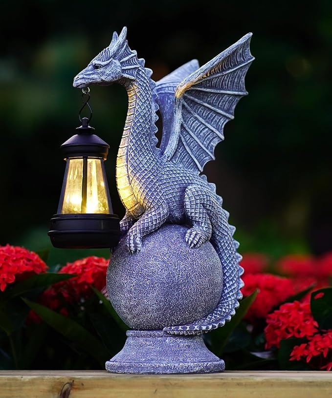 Solar Garden Dragon Statue: Outdoor Figurine with Lantern Lights Weatherproof Resin Decorations for Home Yard Lawn Porch Balcony Patio - Mothers Day Gifts for Mom Women Grandma