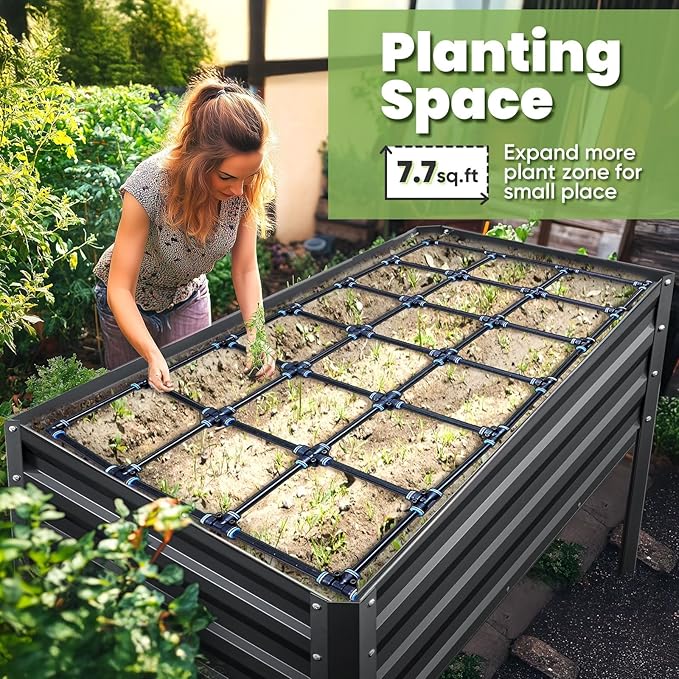 KING BIRD Raised Garden Bed with Irrigation System and Legs Galvanized Elevated Planter Box 48×24×31.5 in for Backyard, Patio, Balcony, 400lb Capacity, Dark Grey
