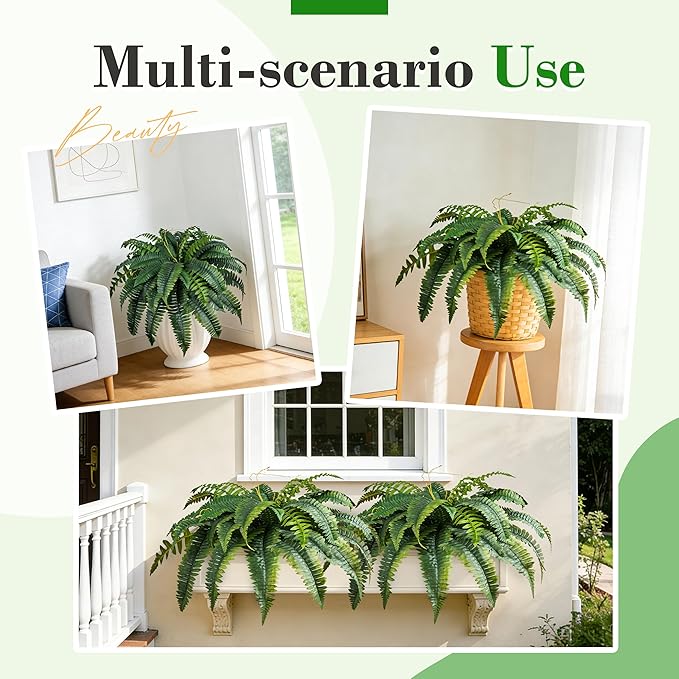 Der Rose 2PCS 45 inch 60 Leaves Fake Ferns Large, UV Resistant Artificial Plants Outdoor Faux Boston Ferns Bush Plants for Home Porch Patio Hanging Decor