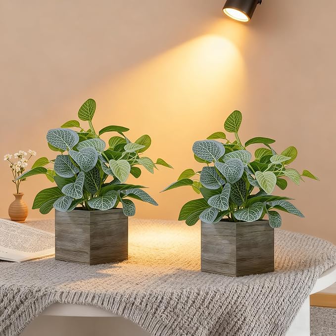 2 Pack 12" Medium Eucalyptus Fake Plants, Artificial Plants Indoor with 4 Inch Wooden Planters, Faux Potted Silk Plants for Home Decor, Desk, Shelves, Desktop, Coffee Table, Bedroom
