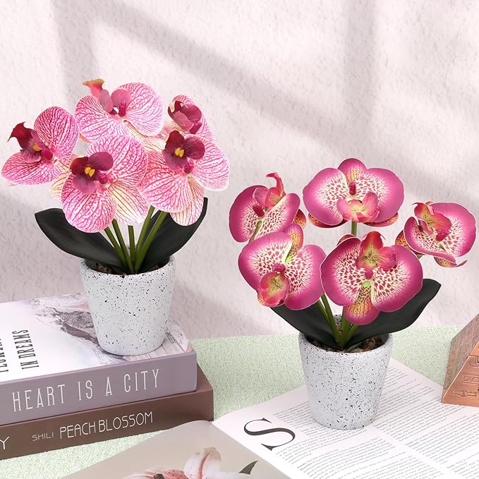 Artificial Orchid Flower Potted Plants Realistic Purple Faux Phalaenopsis Flowers in Pot Flower Arrangements Living Room Wedding Party Decor
