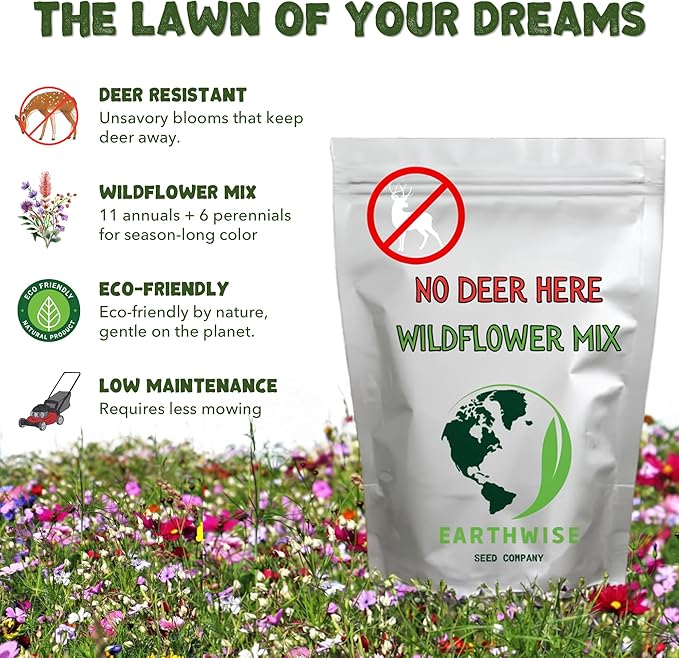 Earthwise No Deer Here Wildflower Seed Mix – Deer-Resistant Seeds, Easy Grow, Colorful Blooms, Drought Tolerant, Pollinator Friendly, Pet Safe, Organic, Chemical-Free – Covers Up to 750 sq ft, 1/2 lb