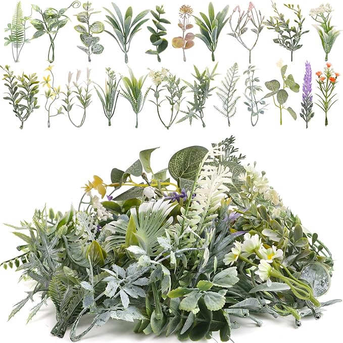 FOIMAS 36Pcs Mini Fake Green Leaves, Artificial Faux Plants Leaves Flowers for DIY Craft Small Bouquets Bridal Baby Shower Envelope Cakes Gifts Home Party Wedding Anniversary Decoration
