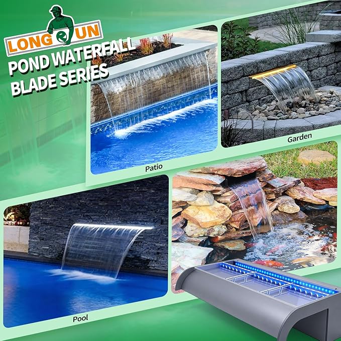 with lid Pool Fountain, LONGRUN Waterfall Spillway for Koi Ponds - 35.4" Transparent Acrylic Waterfall for Swimming Pool, Garden Pond, Patios, Spa Decoration