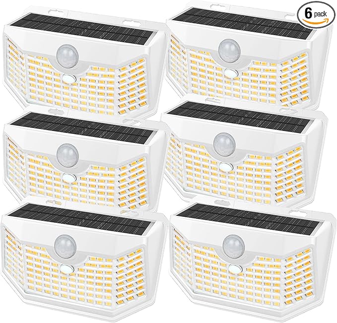 HMCITY 120 LED Solar Lights Outdoor with Motion Sensor and 3 Lighting Modes, IP65 Waterproof Wide Solar Wall Lights Ideal for Garden Patio Yard (Front Button 6Packs, White Shell-Warm White)