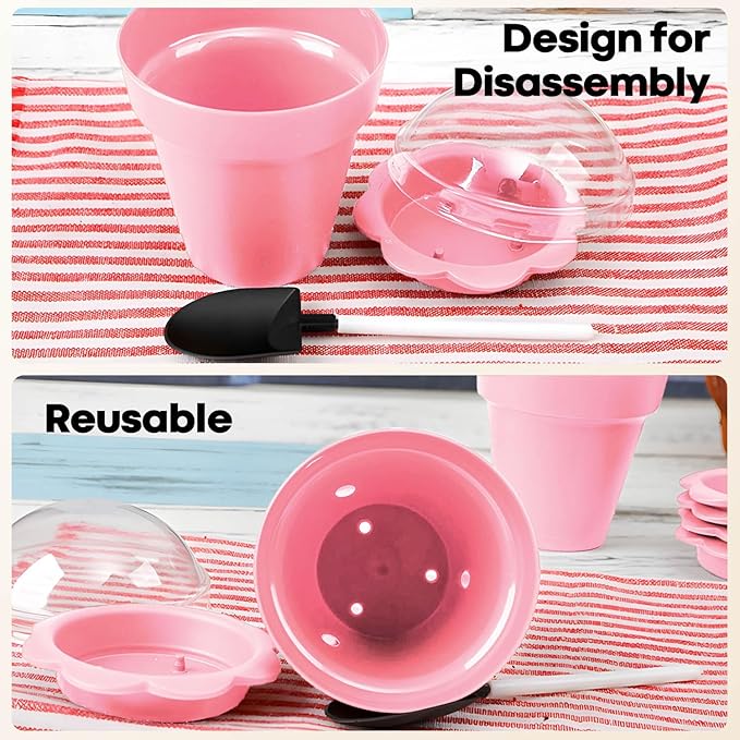 20 Pcs Nursery Pots with Humidity Dome, Cupcake Plant Nursery Pots with Bring A Plate and Shovel, Planting Cups for Seeds for Indoor Gardening and Plant Propagation(Pink)