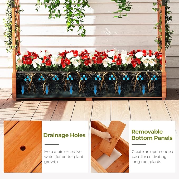 HAPPYGRILL Raised Garden Bed with Trellis, Freestanding Wood Planter Box w/Hanging Roof & Drainage Holes for Vine, Climbing Plants, Flowers, Outdoor Planter with Trellis for Garden, Patio, Yard (2)