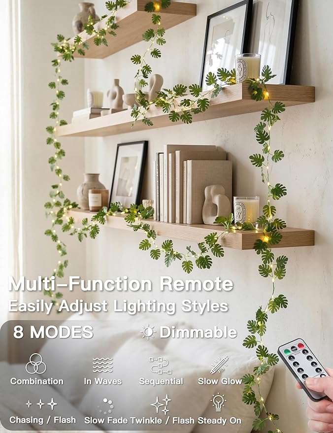 suddus Vines with Fairy Lights Battery & USB Powered Operated, 33ft 100 LED Monstera Leaves String Lights with Remote, Artificial Plants for Indoor, Bedroom, Wall, Party Tropical Decor(Warm White)