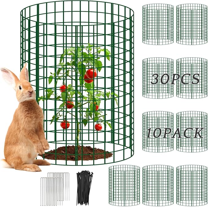 10 Packs Plant Protectors from Animals, 30Pcs 12"x 16" Large Metal Wire Mesh Garden Plant Cages for Outdoor Gardening, Chicken Wire Cloche Plant Cages for Rabbits with Zip Ties & Stakes(Green)