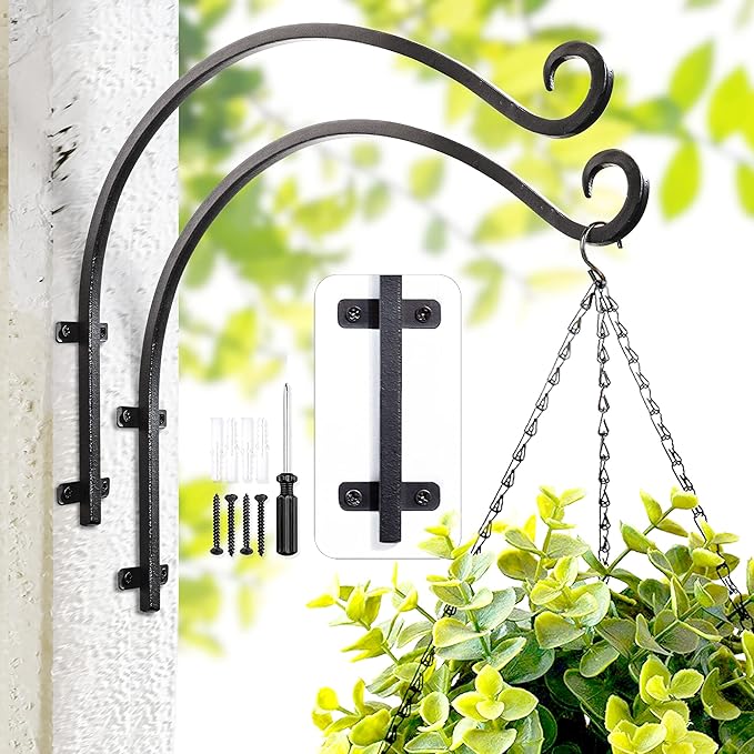 Lifyzoon Heavy Duty Hanging Plant Bracket: 50lbs Weight Capacity - Bird Feeder Hangers 2 Packs, 12-Inch Black Metal Plant Bracket Wall Hook for Birdhouse, Wind Chimes, Lanterns, Easy to Install