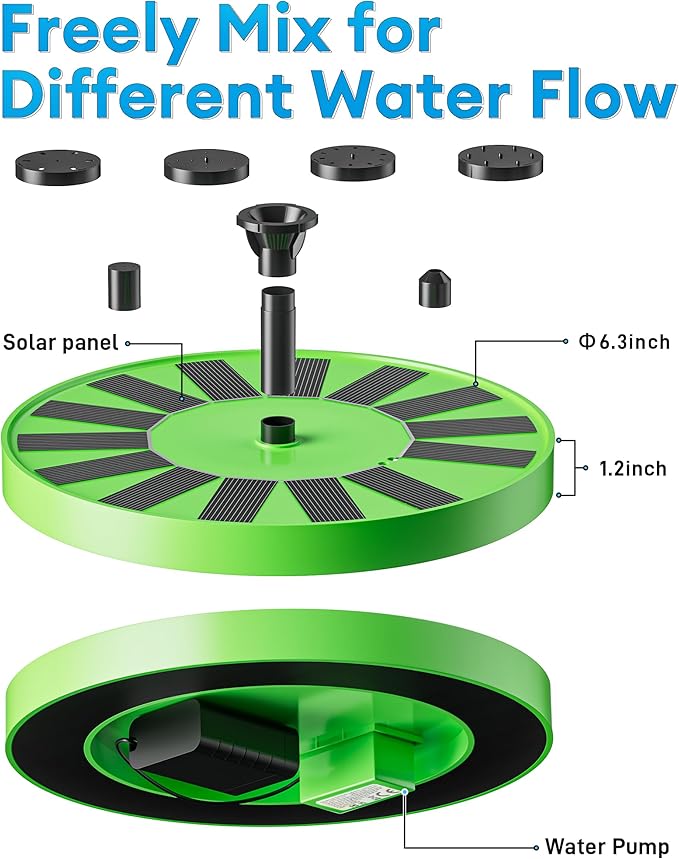 2.5W Solar Bird Bath Fountains– Upgraded Solar Pond Fountain with 6 Nozzles,Solar Fountain for Bird Bath, Pond, Garden Decor (Green)