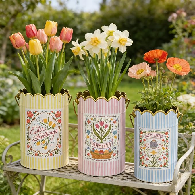 Set of 3 Vintage Floral Metal Bucket, Multi-Size Planters for Flowers & Easter Egg Containers, Rustic Garden & Home Decor