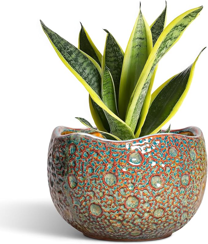 8 Inch Plant Pot - Ceramic Planter for Indoor Outdoor Plants, Unique Pots for Plants with Drainage Hole and Plug, Round Planter, Garden Decor, Gifts for Plant Lovers, Speckled-Brown