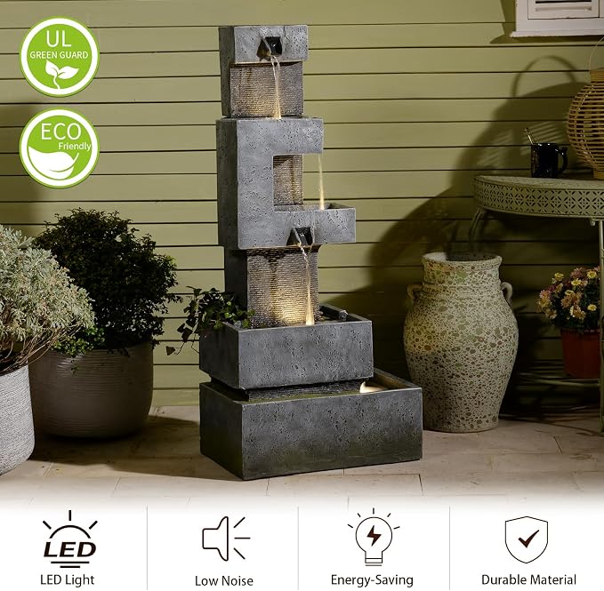 48" Tall Modern 4-Tier Outdoor Water Fountain with LED Lights, Freestanding Cascading Waterfall for Garden, Patio, Porch & Yard Décor Outdoor Clearance
