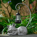 WSgift Outdoor Cat Figurine Garden Statue with Solar-Powered LED Light 13.77 Inches Tall Gift Garden Statue Decor for Cat Lovers Marbled