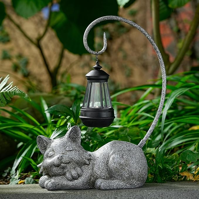 WSgift Outdoor Cat Figurine Garden Statue with Solar-Powered LED Light 13.77 Inches Tall Gift Garden Statue Decor for Cat Lovers Marbled