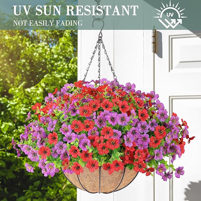 Artificial Flowers Hanging Plants in Basket,Artificial Hanging Flowers for Spring Outdoor Indoor Decor,UV Resistant hanging Baskets with Fake Flowers for Summer Patio Garden Porch Deck Home Decor