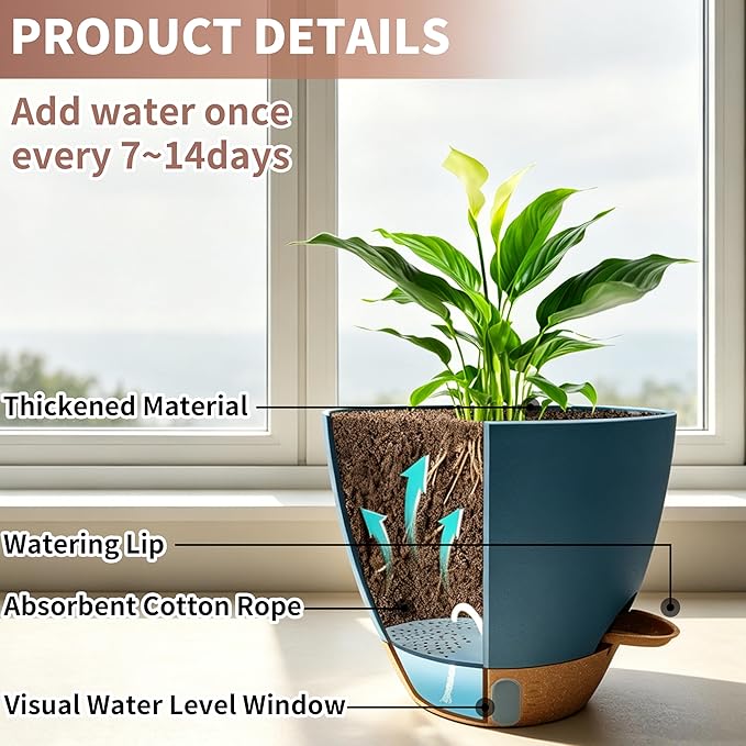 MNKXL 12"/10"/9"/8" Self Watering Pots with Visual Water Window,Extra Large Self Watering Plant Pots with Drainage Holes & Saucers,Blue Planters for Indoor Plants,4-Pack