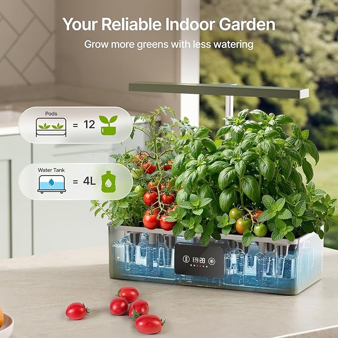 SUNCOZE Hydroponics Growing System Kit with 24W Dimmable Grow Light, 12 Pods Indoor Herb Garden with Timer & Local Time Setting, Adjustable Height, Smart Countertop Garden for Home & Kitchen, Black