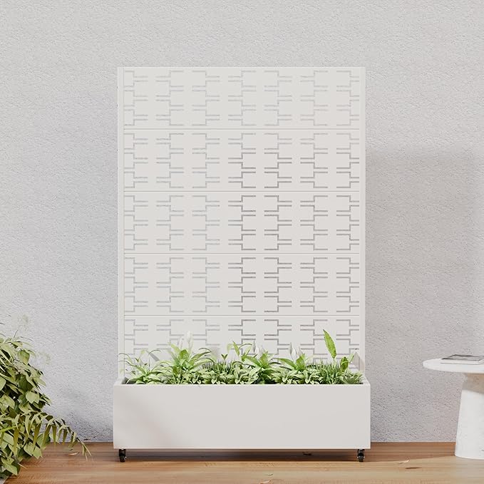 Casaphoria Metal Raised Garden Bed with Trellis and Wheels, 72"x47"x16" Arched Planter Box for Climbing Plants, Vegetables & Vines, Features Drainage Holes and Privacy Screen, White-Brick