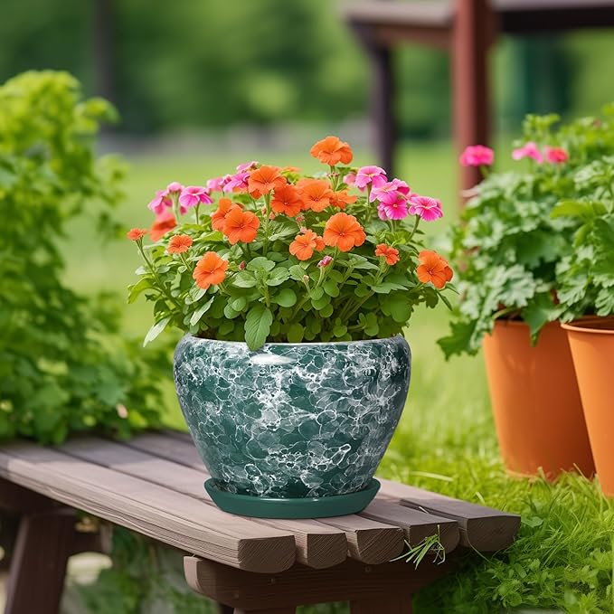 Ceramic Planter - 10 Inch Pots for Plants Indoor Outdoor, Decorative Modern Flower Pots with Drainage Hole and Saucer, Round Large Plant Pot, House Decor, Gifts for Gardeners, Bubble Green