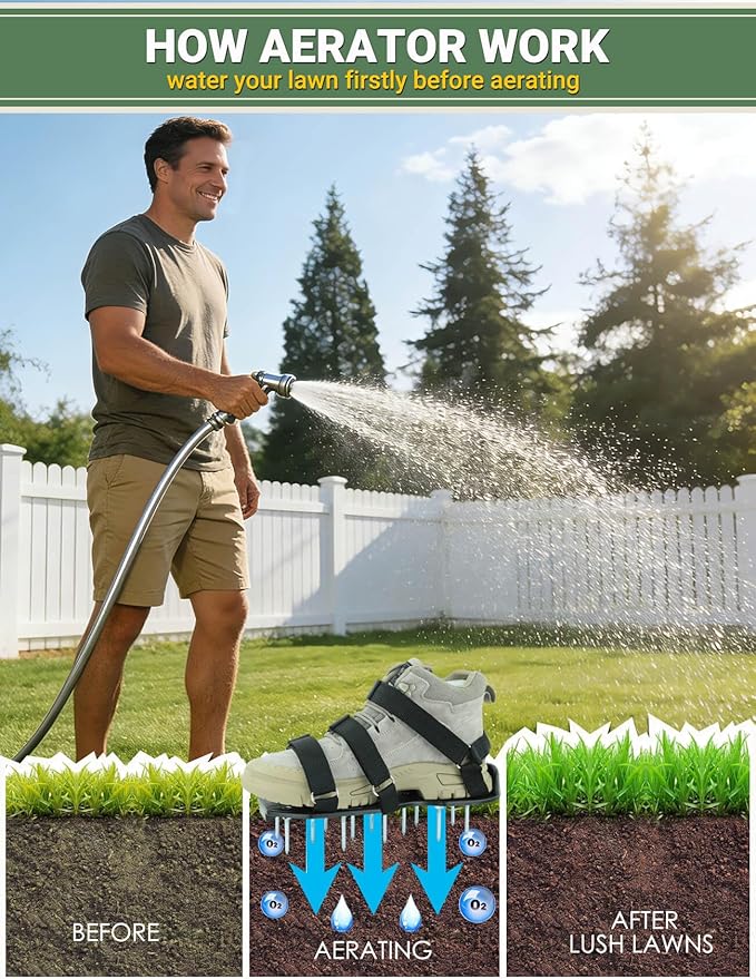 Lawn Aerator Shoes with Hook & Loop Straps for Effectively Aerating Lawn Soil, One Size Fits All Free-Installation Heavy Duty Spiked Sandals Shoes for Yard Grass Garden Black