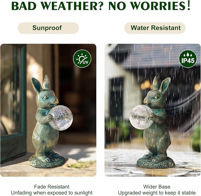Solar Rabbit Statue with LED Lights, Outdoor Garden Decor, Bunny Figurine for Patio Yard, Lawn Ornament, Easter & Housewarming Gift