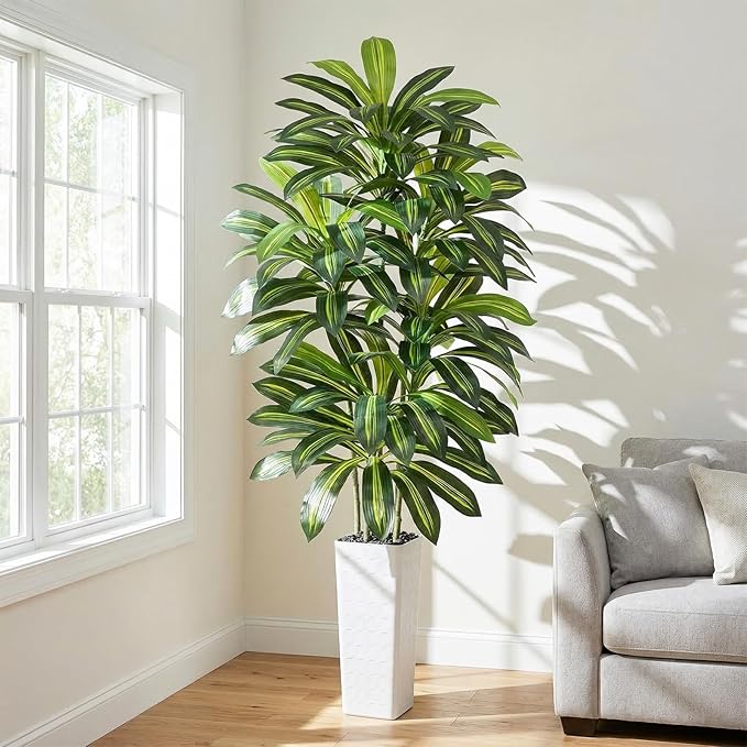Artificial Dracaena Tree - 7FT Tall Fake Plants with White Tall Planter - Artificial Plants Indoor Floor Plant in Pot - Large Tropical Fake Yucca Potted Tree for Home Office Living Room Decor