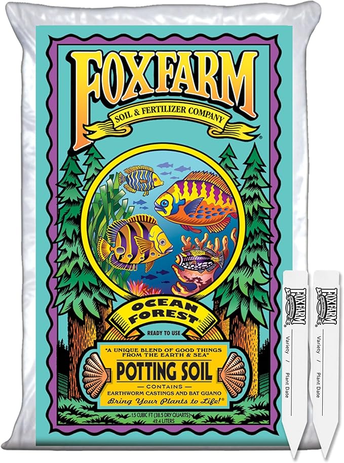 FoxFarm Ocean Forest Potting Soil with 2 Plant Tags, 1.5 cu ft – Light, Aerated Texture – for All Container Plants